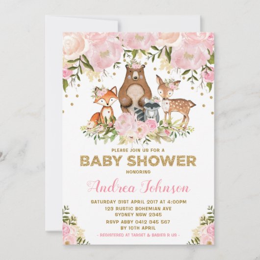Invitation Fille Woodland Baby shower Forêt Animaux Or rose (Devant)