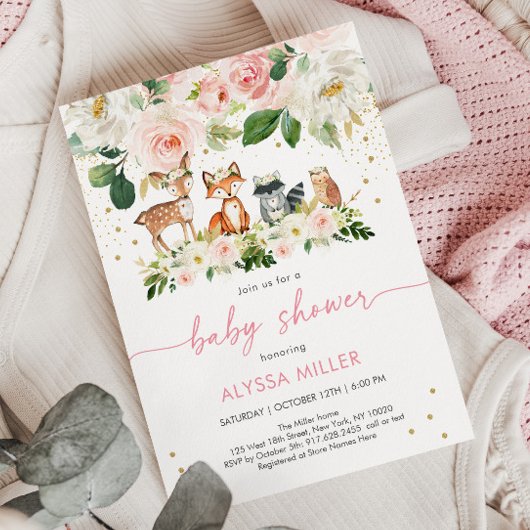 Invitation Fille Woodland Blush Baby shower Floral
