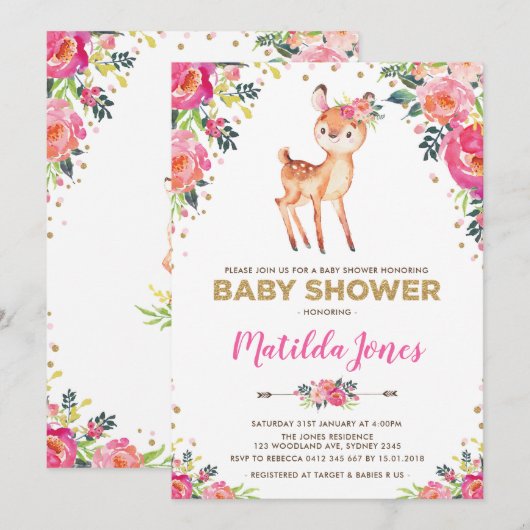 Invitation Fille Woodland Deer Floral Fawn Baby shower Party (Devant / Derrière)