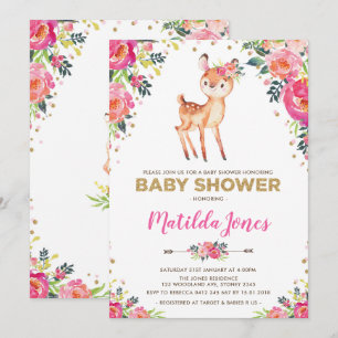 Invitation Fille Woodland Deer Floral Fawn Baby shower Party