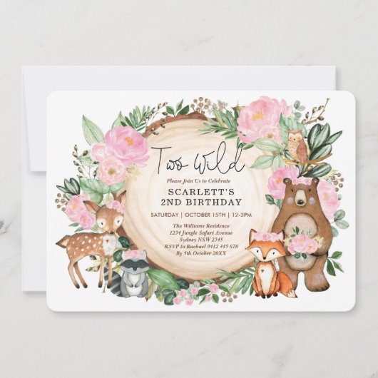Invitation Fille Woodland florale rose 2e fête d'anniversaire (Devant)