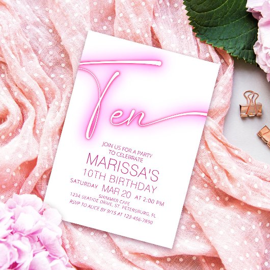 Invitation Filles 10e Ado néon Anniversaire