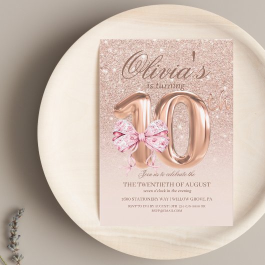 Invitation Filles 10e anniversaire Bow Rose Gold Anniversaire