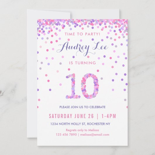 Invitation Filles 10e anniversaire Dixième anniversaire Confe (Devant)
