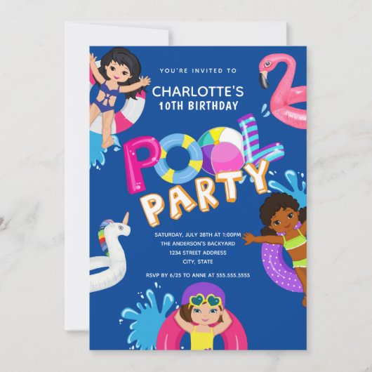 Invitation Filles 10e anniversaire Pool Party (Devant)