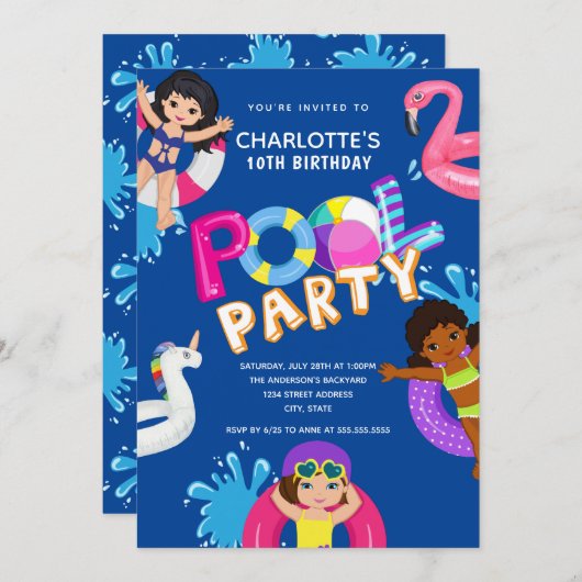 Invitation Filles 10e anniversaire Pool Party (Devant / Derrière)