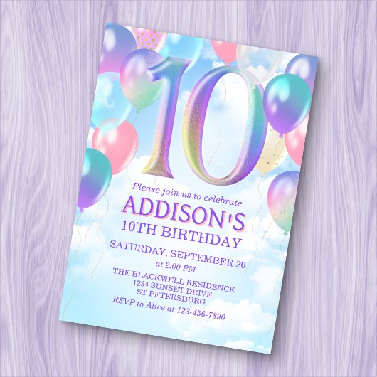 Invitation Filles 10e anniversaire Rainbow Balloons Invitatio