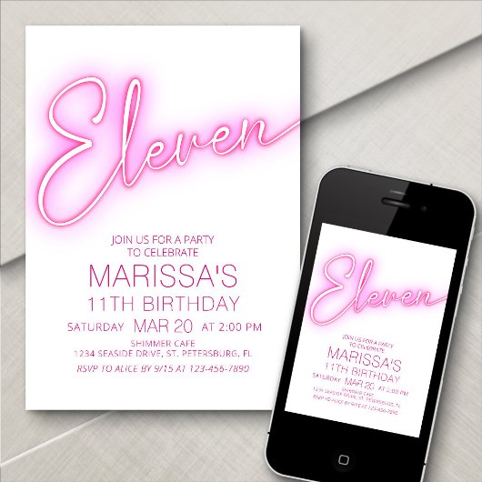 Invitation Filles 11e Ado néon Anniversaire