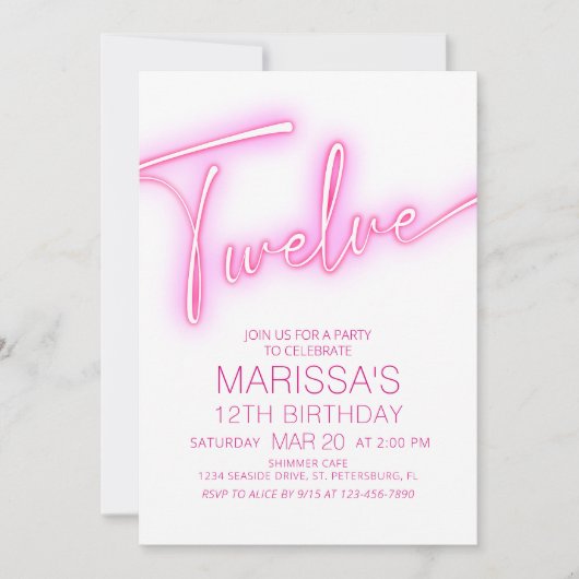 Invitation Filles 12e Ado de Neon Anniversaire (Devant)