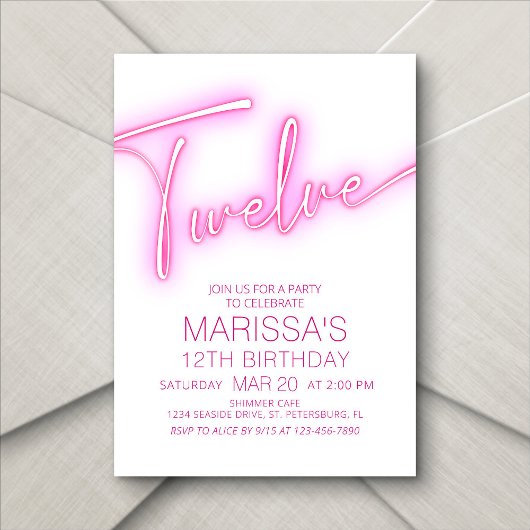 Invitation Filles 12e Ado de Neon Anniversaire