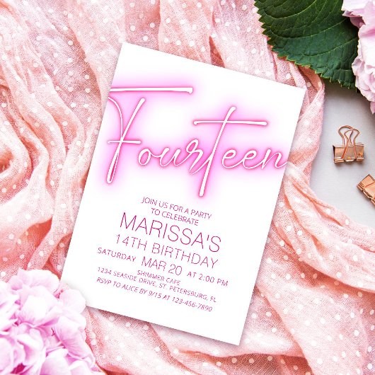 Invitation Filles 14e Ado néon Anniversaire