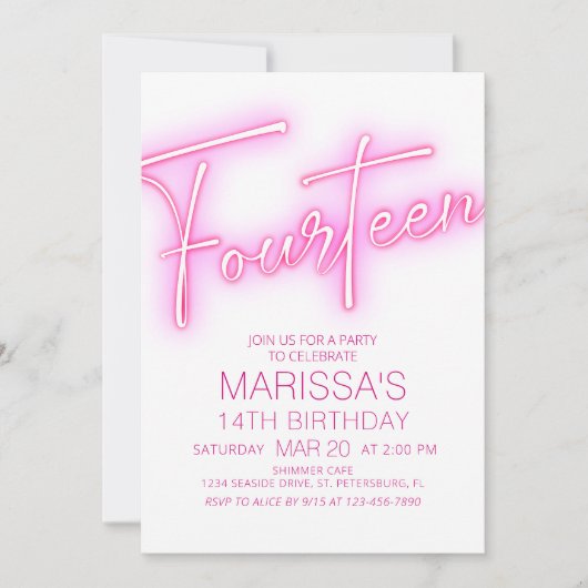 Invitation Filles 14e Ado néon Anniversaire (Devant)