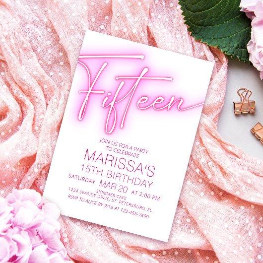 Invitation Filles 15e Ado néon Anniversaire
