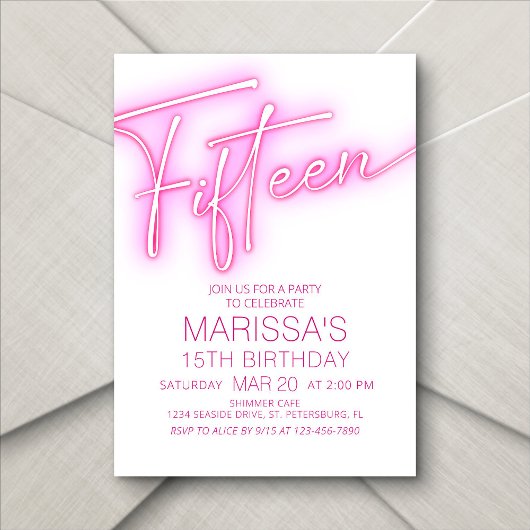 Invitation Filles 15e Ado néon Anniversaire