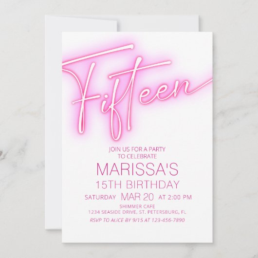 Invitation Filles 15e Ado néon Anniversaire (Devant)