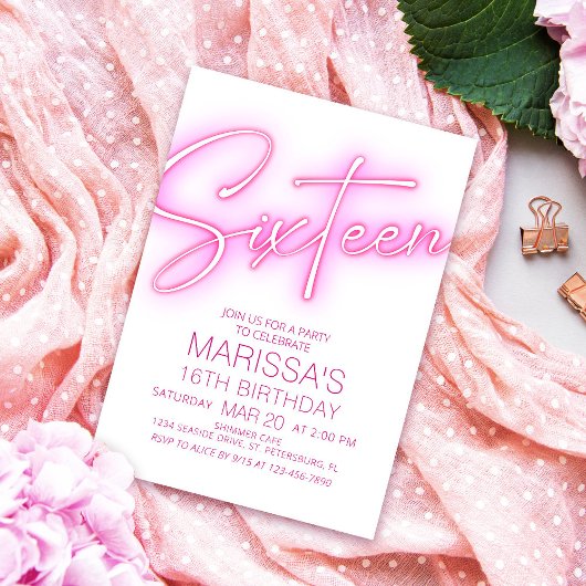 Invitation Filles 16e Ado néon Anniversaire