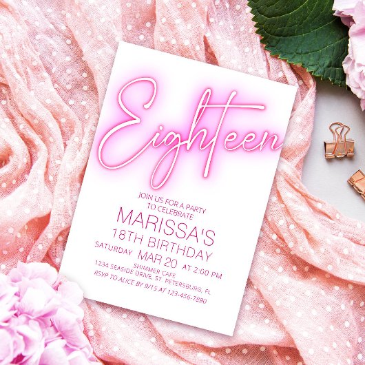 Invitation Filles 18e Ado néon Anniversaire