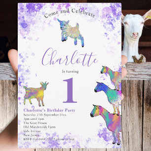 Invitation Filles 1er Anniversaire Fête Aquarelle Chèvres pou