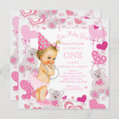 Invitation Filles 1er anniversaire fête Teddy Coeurs d'ours (Devant / Derrière)