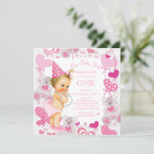 Invitation Filles 1er anniversaire fête Teddy Coeurs d'ours (Debout devant)