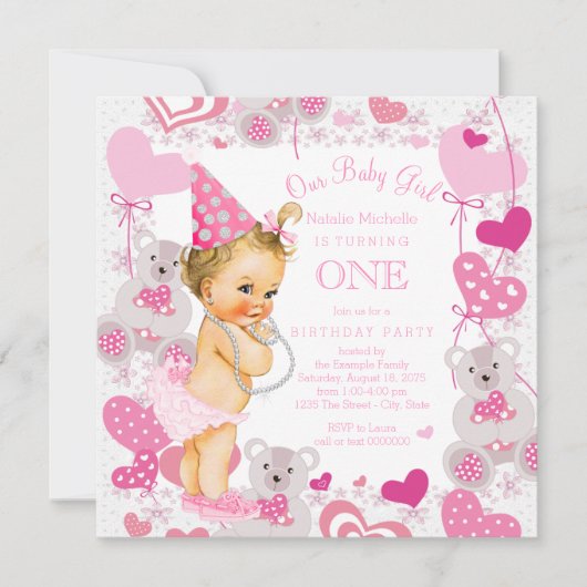 Invitation Filles 1er anniversaire fête Teddy Coeurs d'ours (Devant)
