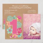 Invitation Filles 1er Anniversaire Numéro de fête Photo Invit (Devant / Derrière)