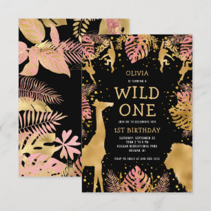 Invitation Filles 1er anniversaire Pink Black Safari