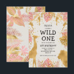 Invitation Filles 1er anniversaire Pink Ecru Safari<br><div class="desc">Cette invitation à la fête d'anniversaire de la fille "sauvage" du safari dans la jungle présente des animaux à fausse feuille d'or (girafe, lion et singes), du feuillage de la jungle dorée et rose, et un arrosage de confettis d'or sur un arrière - plan écrémé. Ajoutez le nom de la...</div>