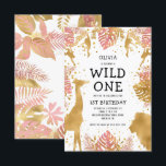 Invitation Filles 1er anniversaire Pink Gold Safari<br><div class="desc">Cette invitation à la fête d'anniversaire de la fille "sauvage" du safari dans la jungle présente des animaux à fausse feuille d'or (girafe, lion et singes), du feuillage de la jungle dorée et rose, et un arrosage de confettis d'or sur un arrière - plan blanc. Ajoutez le nom de la...</div>