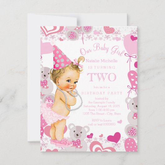 Invitation Filles 2e anniversaire fête Coeurs Nounours roses (Devant)