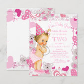 Invitation Filles 2e anniversaire fête Coeurs Nounours roses (Devant / Derrière)