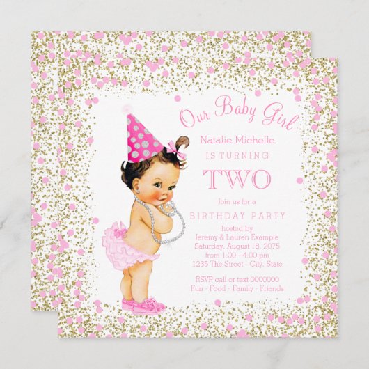 Invitation Filles 2e anniversaire fête Parties scintillant or (Devant / Derrière)