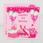 Invitation Filles 3e anniversaire fête Pink Spot Cake 3 (Devant / Derrière)