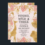 Invitation Filles 3e anniversaire Pastel Pink Gold Safari<br><div class="desc">Cette invitation à la fête du troisième anniversaire de cette "jeune fille sauvage et trois" dans la jungle a pour thème les animaux de fausse feuille d'or (girafe, lion et singes), le feuillage de la jungle dorée et rose, et un arrosage de confettis d'or sur un arrière - plan rose...</div>