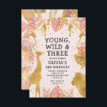 Invitation Filles 3e anniversaire Pastel Pink Gold Safari<br><div class="desc">Cette invitation à la fête du troisième anniversaire de cette "jeune fille sauvage et trois" dans la jungle a pour thème les animaux de fausse feuille d'or (girafe, lion et singes), le feuillage de la jungle dorée et rose, et un arrosage de confettis d'or sur un arrière - plan rose...</div>