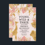 Invitation Filles 3e anniversaire Pastel Pink Gold Safari<br><div class="desc">Cette invitation à la fête du troisième anniversaire de cette "jeune fille sauvage et trois" dans la jungle a pour thème les animaux de fausse feuille d'or (girafe, lion et singes), le feuillage de la jungle dorée et rose, et un arrosage de confettis d'or sur un arrière - plan rose...</div>