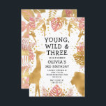 Invitation Filles 3e anniversaire Pink Gold Safari<br><div class="desc">Cette invitation à la fête du troisième anniversaire de cette "jeune fille sauvage et trois" dans la jungle a pour thème les animaux de fausse feuille d'or (girafe, lion et singes), le feuillage de la jungle dorée et rose, et un arrosage de confettis d'or sur un arrière - plan blanc....</div>