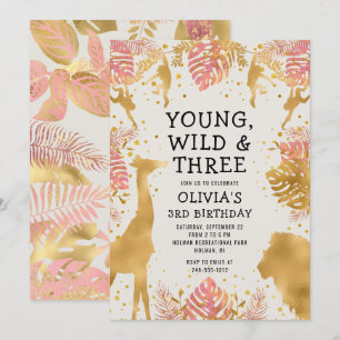 Invitation Filles 3e Anniversaire Rose Or Ecru Safari
