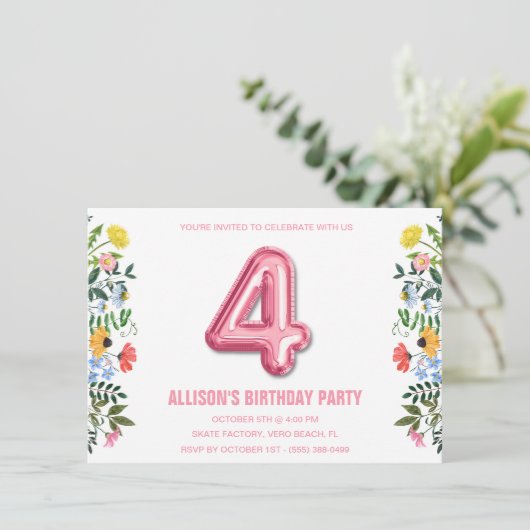 Invitation Filles 4e Balloon fête d'anniversaire (Debout devant)