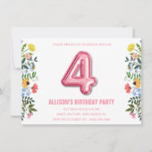 Invitation Filles 4e Balloon fête d'anniversaire (Devant)