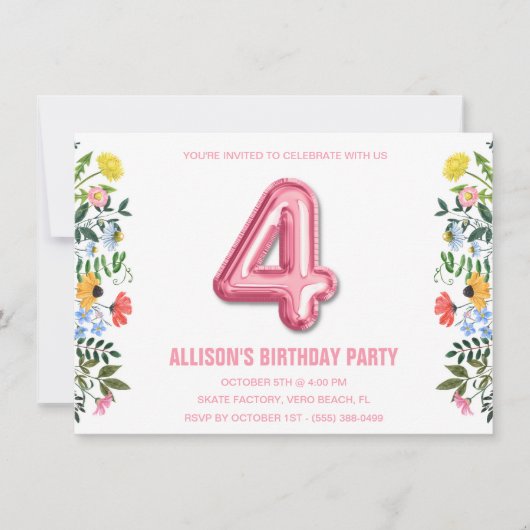 Invitation Filles 4e Balloon fête d'anniversaire (Devant)