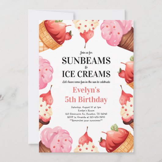 Invitation Filles 5e anniversaire Sunbeams & Ice Creams Party (Devant)
