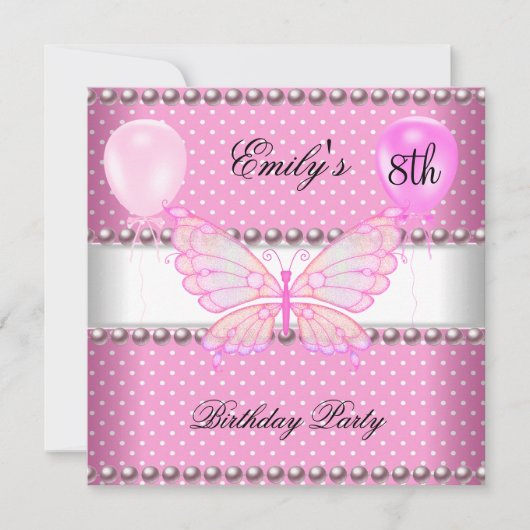 Invitation Filles 8 Anniversaire Papillon Pink Pearls Ballons (Devant)