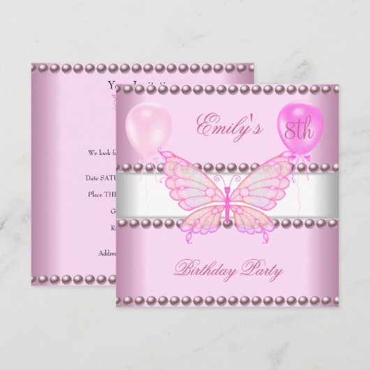 Invitation Filles 8 Anniversaire Papillon Pink Pearls Ballons (Devant / Derrière)
