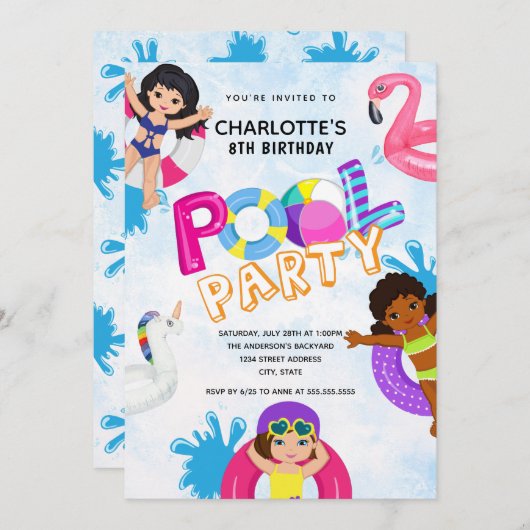 Invitation Filles 8ème Piscine fête d'anniversaire (Devant / Derrière)