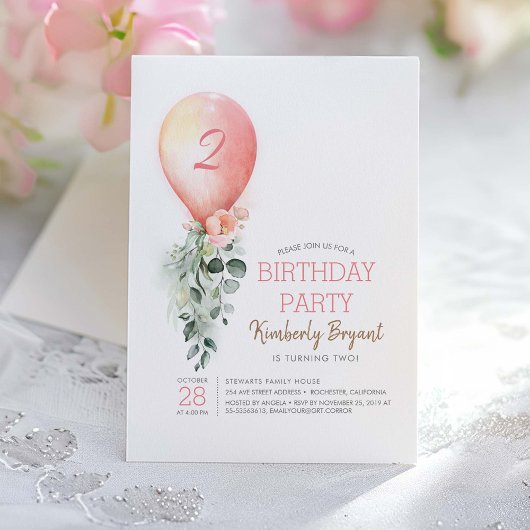 Invitation Filles à ballons rose floral vert Anniversaire