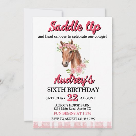 Invitation Filles à cheval Anniversaire Western (Devant)