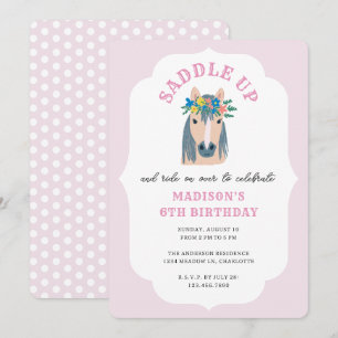 Invitation Filles à cheval sur un poney rose Anniversaire