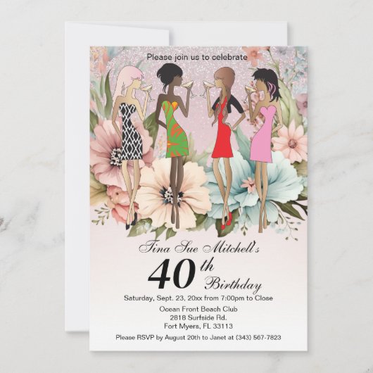 Invitation Filles Adultes Printemps Floral Anniversaire (Devant)