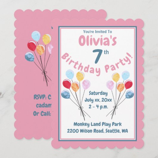 Invitation Filles Anniversaire Fête Ballons roses (Devant / Derrière)